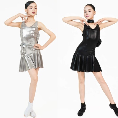FZS舞服少儿拉丁舞2026春夏金属感女吊带露背连体练功服裙铁银黑