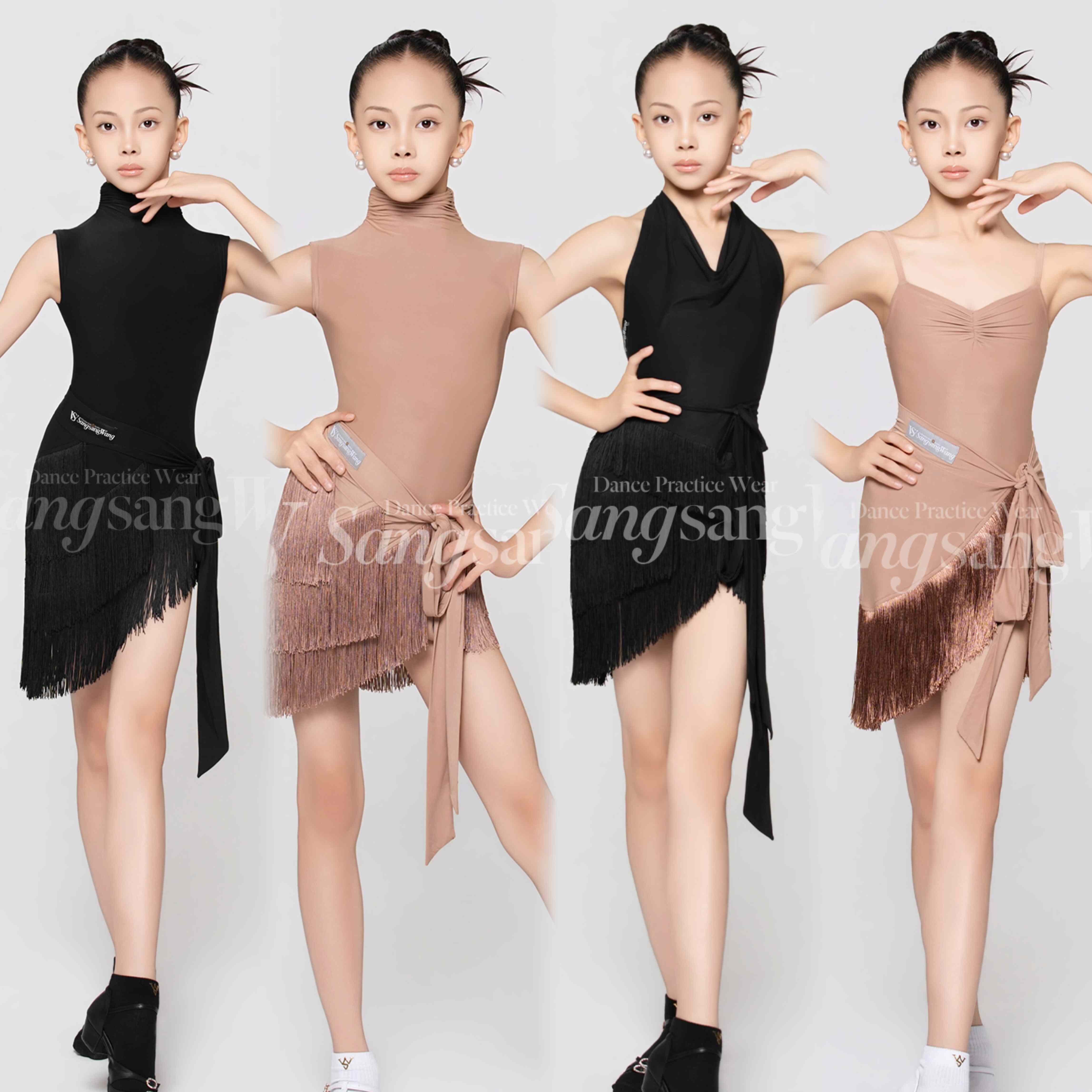 sswang舞服少儿拉丁舞裸感超薄亲肤系列褶皱流苏绑带摩登练习服
