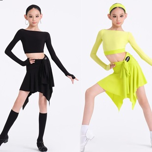 wave舞服未午少儿拉丁舞跃动之芒秋冬分体长袖 明黄绿绑带练习服