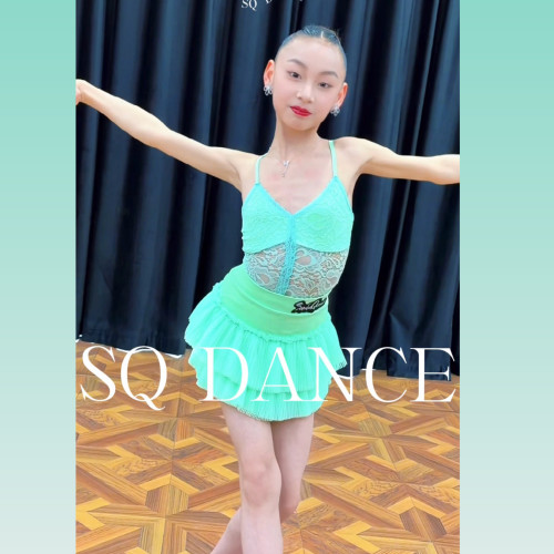 SQ舞服少儿拉丁舞春夏薄荷绿蕾丝吊带荷叶蓬蓬边练习服训练服跳舞