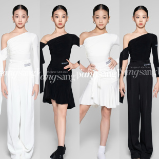 sswang舞服少儿拉丁舞斜肩可拆卸仙女飘带抽绳套装摩登西裤跳舞