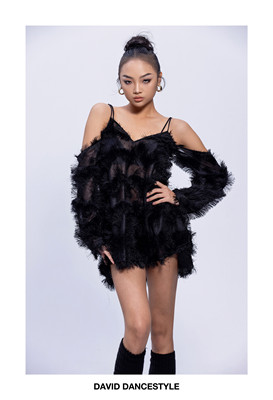 david舞服拉丁舞女士吊带毛毛连衣裙可拆卸袖子套装练习服比赛服