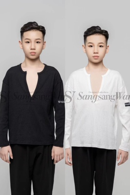 sswang舞服少儿拉丁舞男童肌理v领上衣长袖四级款帅气男生练习服