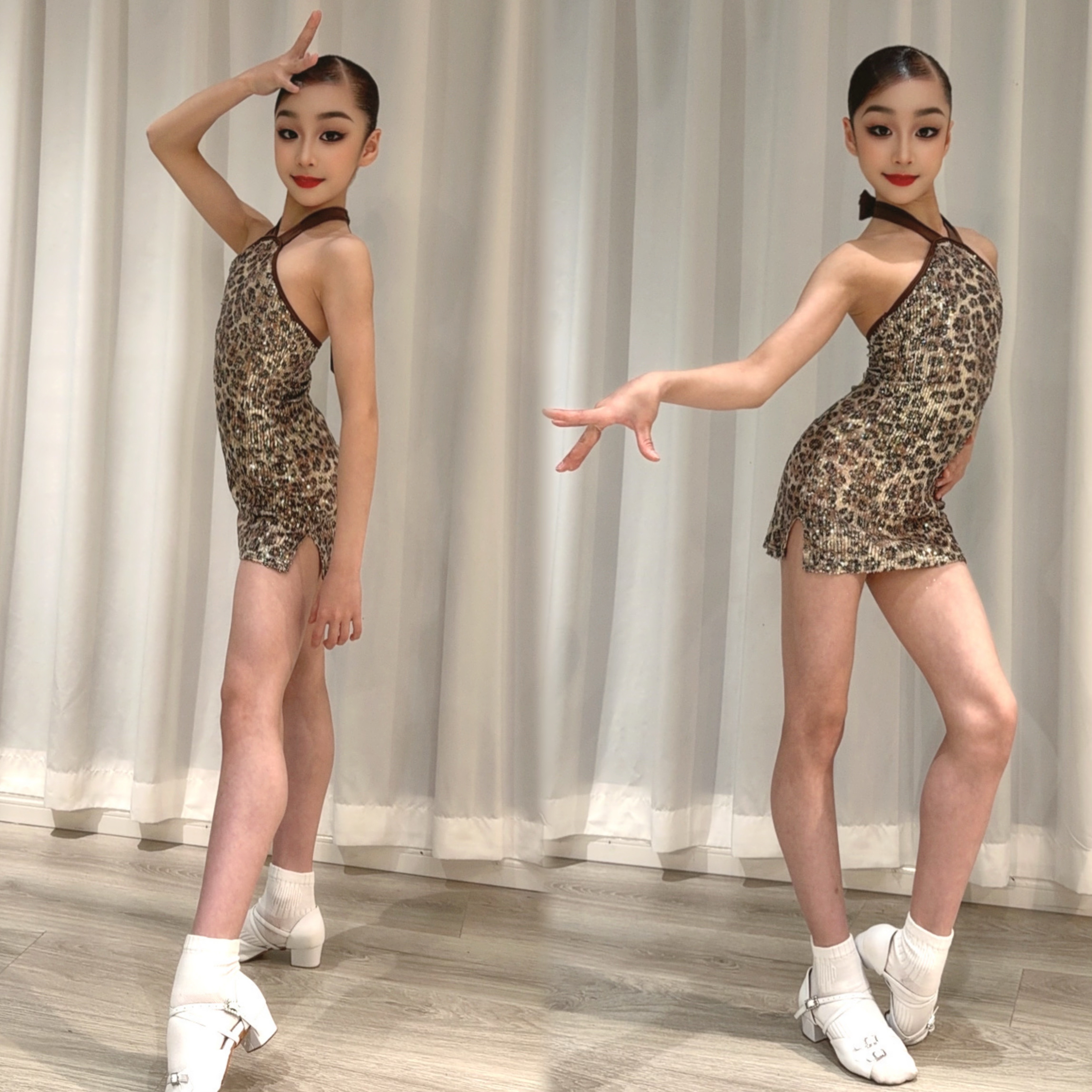 LULU舞服少儿拉丁舞服春夏豹纹闪亮舞会亮片裙练习服挂脖女童跳舞
