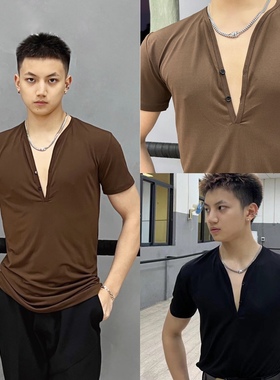Lucky男士新款夏季短袖v领上衣纽扣设计拉丁练功服黑色棕色艺考