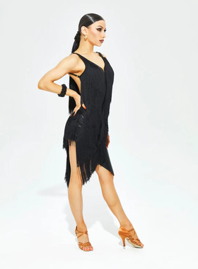 TDANCE女士拉丁舞不规则流苏连衣裙多层黑色成人表演班服新款动感