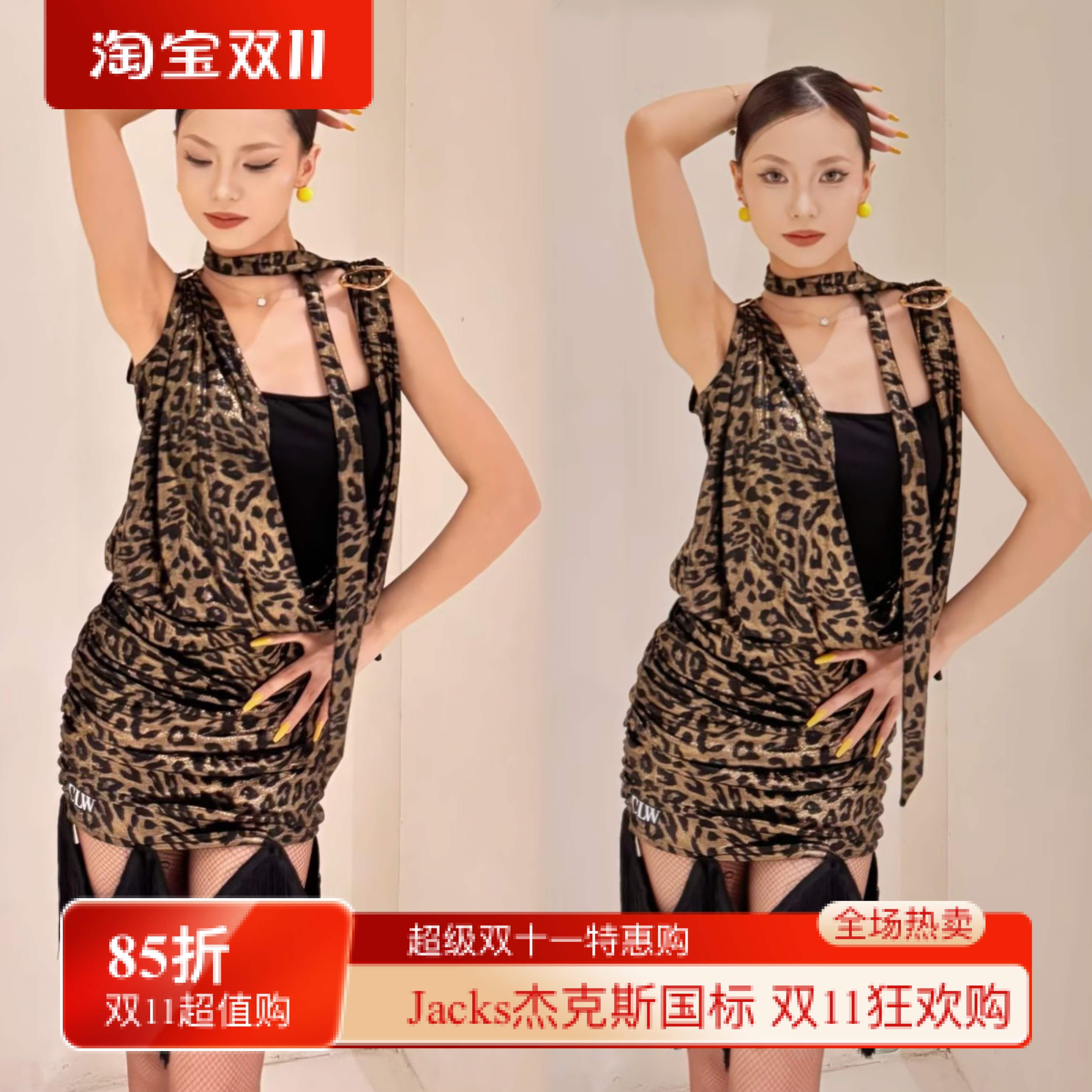 CLW舞服拉丁舞服流苏拼接豹纹连衣裙拉丁练功服演出服艺考服专业