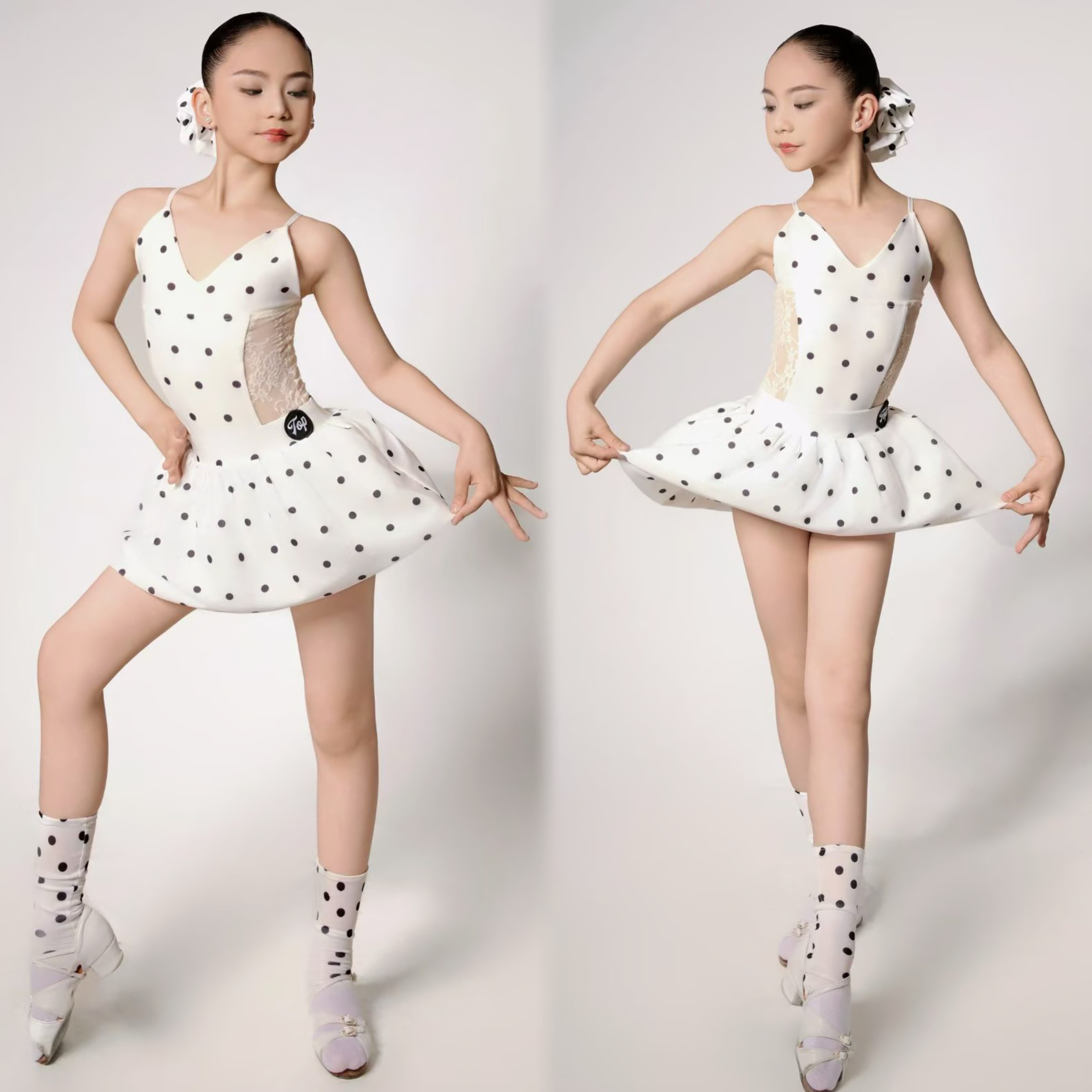 Top舞服少儿拉丁舞夏季波点可爱芭蕾风发圈练习服女蕾丝吊带女童