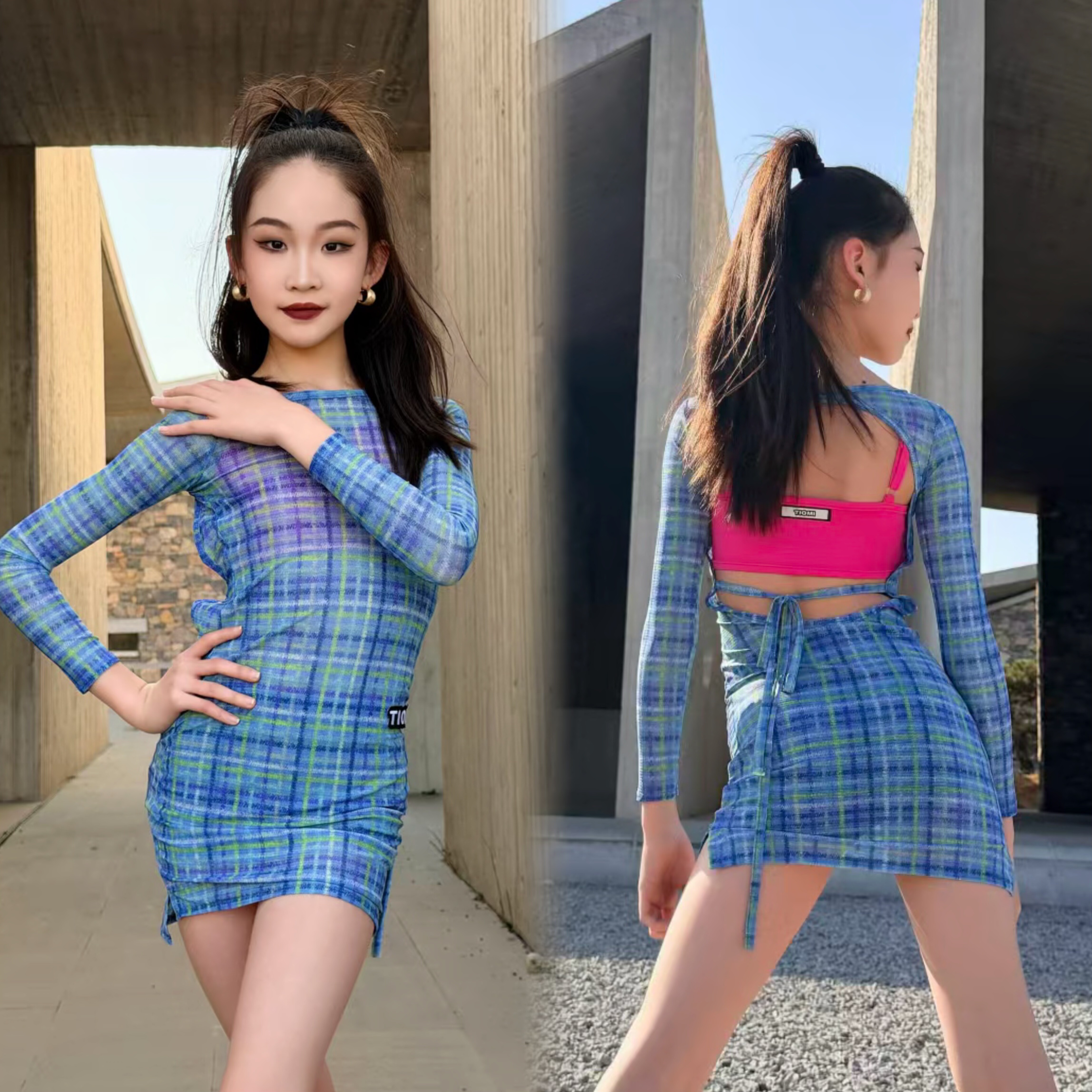 Tiomi舞服少儿拉丁舞格子连衣裙红色吊带连衣裙练习服女童跳舞