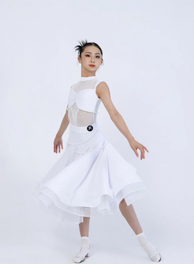 Rdesign舞服少儿摩登舞珍珠流光白华尔兹女童跳舞演出服表演练习