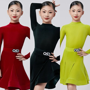 OSD舞服少儿秋冬比赛拉丁舞服规定服丝绒长袖后V领林意涵赛服