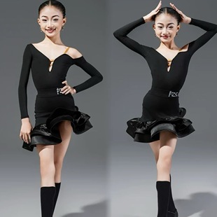 FZS舞服少儿拉丁舞2025秋冬马兰格格女牛奶丝长袖露肩缎面练习服