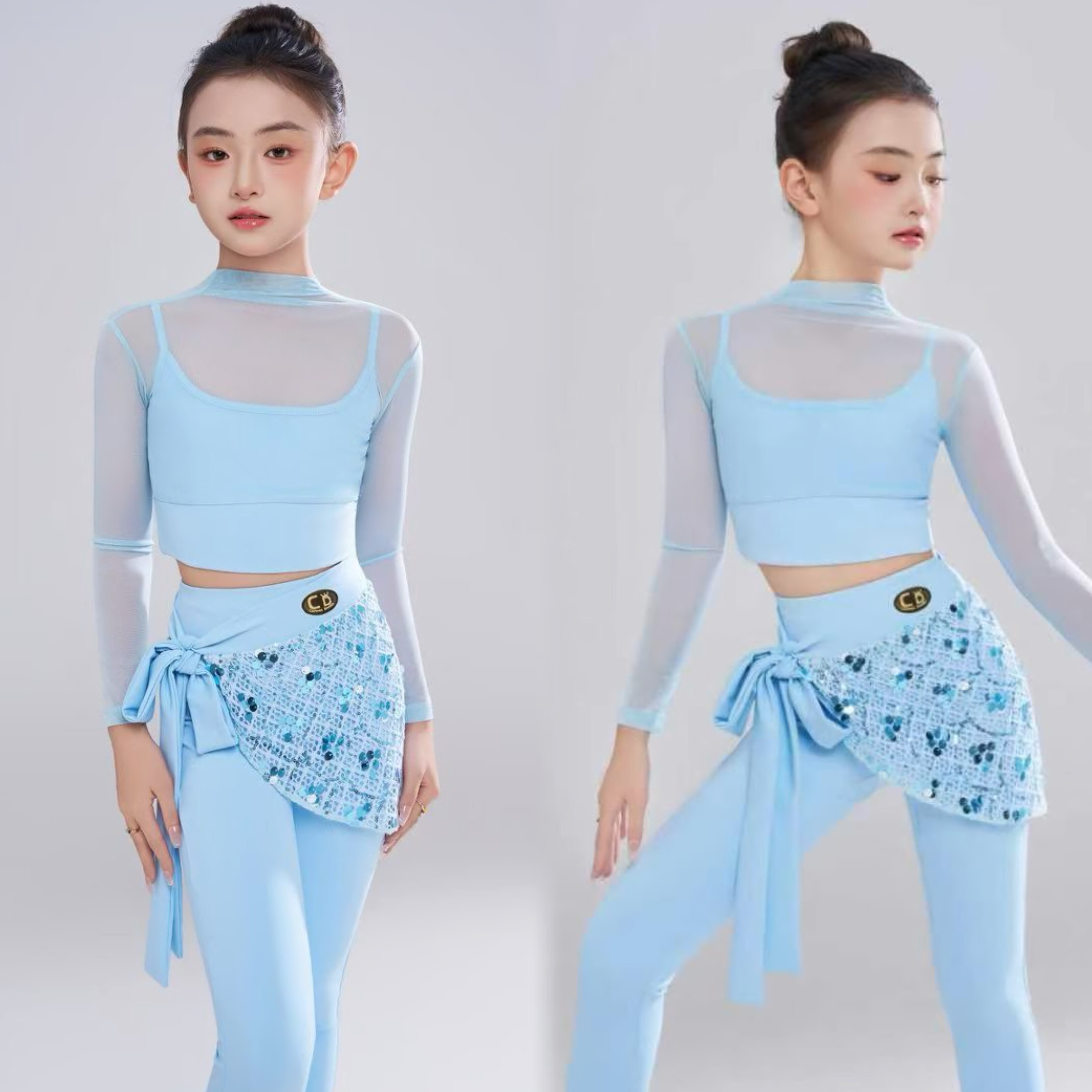 Top舞服少儿拉丁舞秋冬蓝色网纱裤子腰带腰封长袖练习服跳舞女童