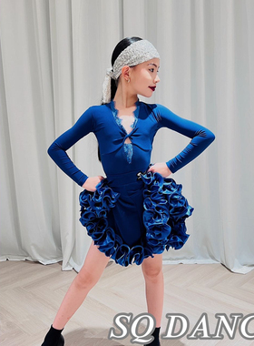 SQ舞服少儿拉丁舞复古暗紫色蕾丝花边大摆鱼骨练习服表演服跳舞