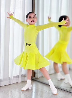 CONNY少儿拉丁舞鹅黄色比赛规定服装小高领薄绒款长袖鱼骨裙子