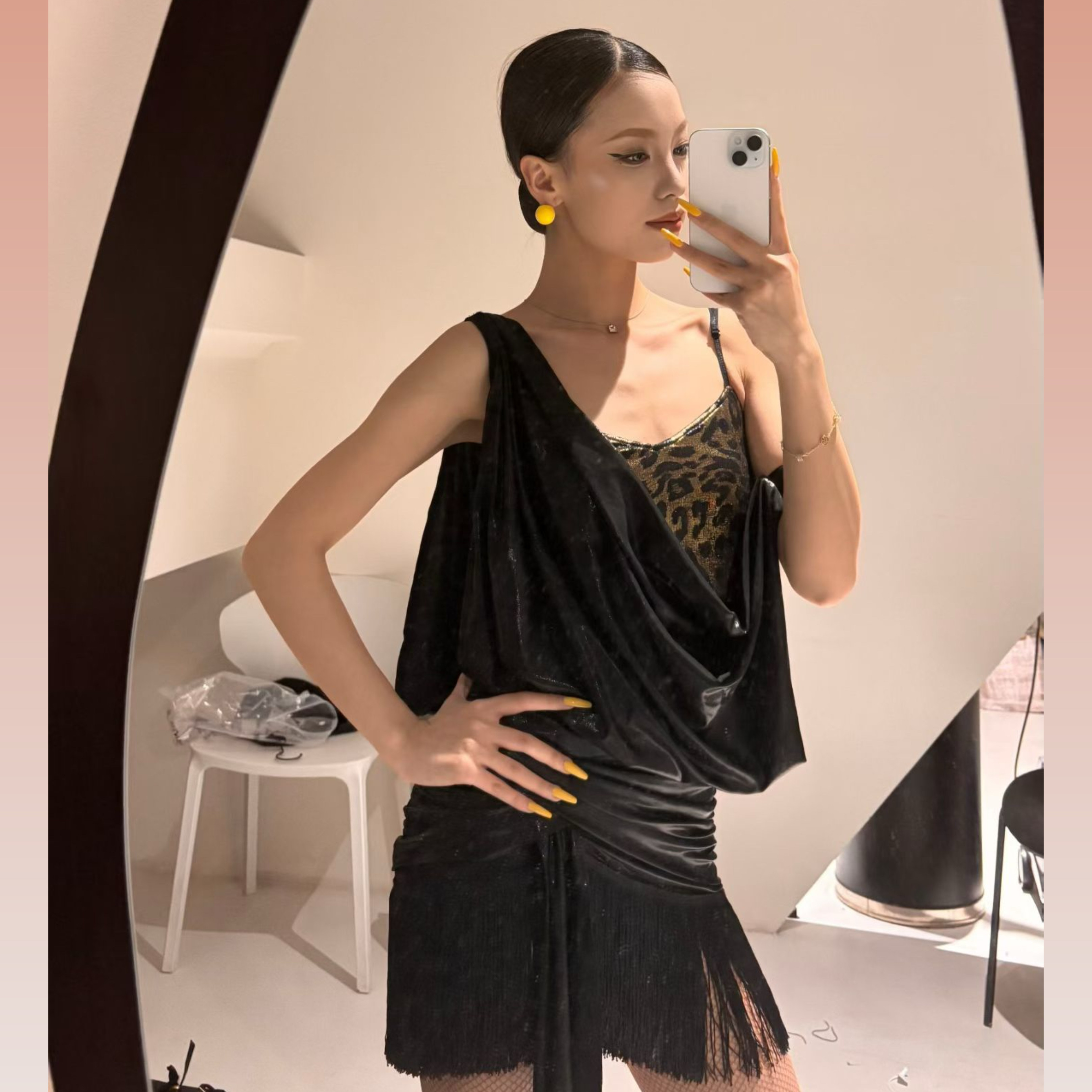 CLW舞服女士拉丁舞服斜肩荡领上衣流苏半身群拉丁练功服演出服女