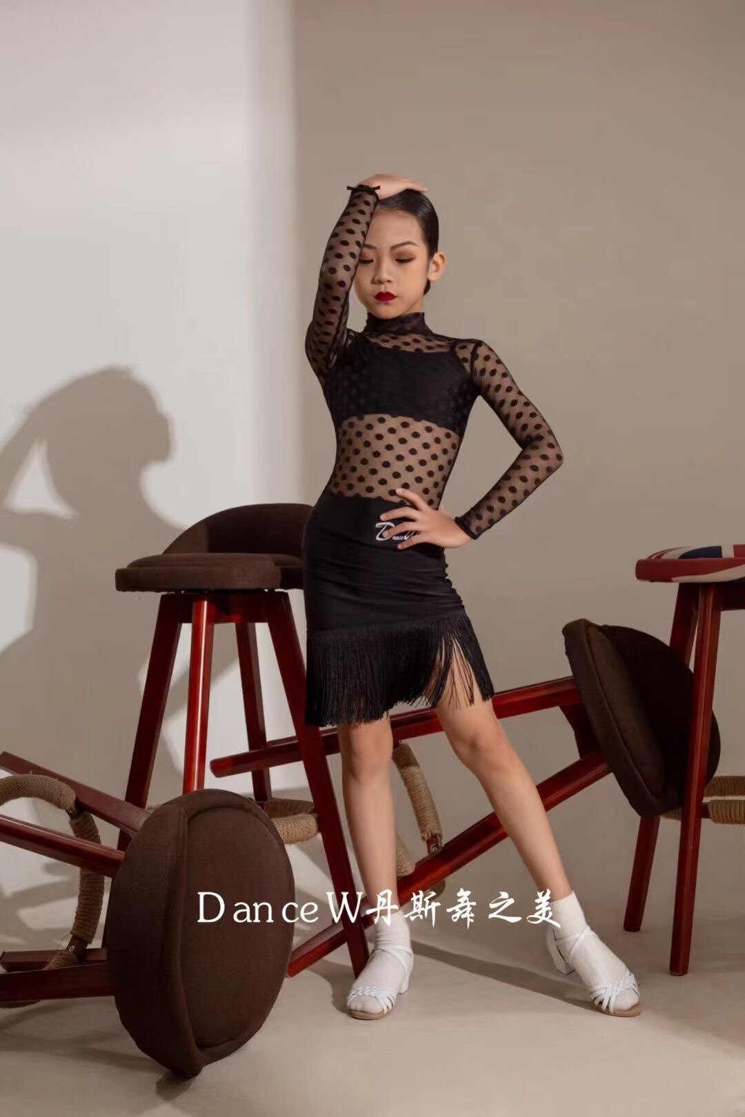 丹斯舞之美DanceW拉丁舞少儿网纱流苏裙套装可爱波点练习服跳舞