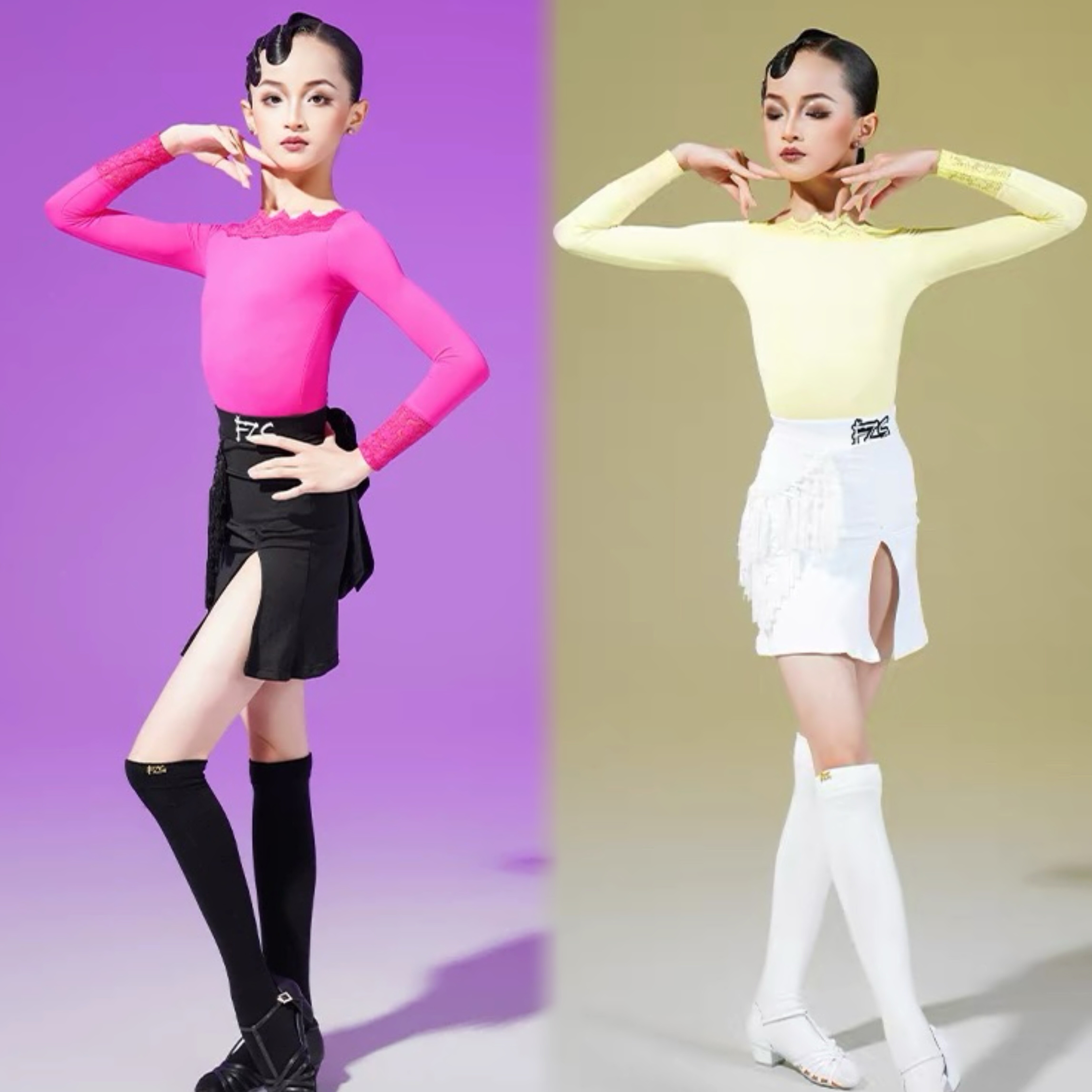 FZS DANCE L316拉丁舞练功服蕾丝花边上衣 编织流苏开叉裙 玫粉色