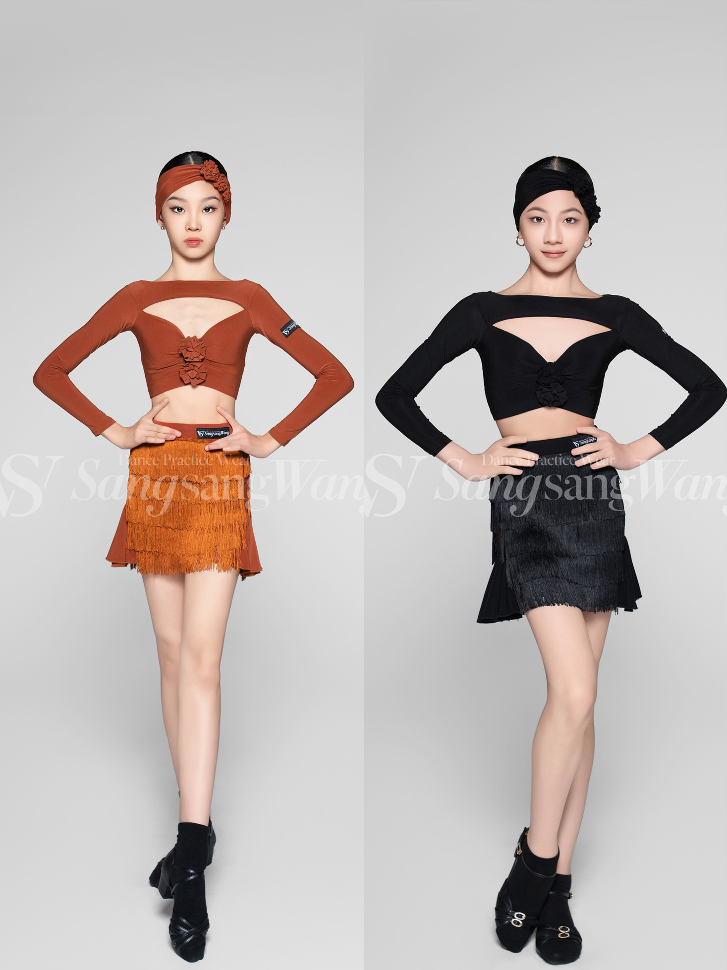 sswang舞服少儿拉丁舞秋冬胸前镂空花朵长袖小波浪流苏裙练习服