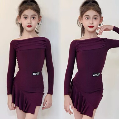 2025新款卓艺拉丁舞服女童冬季深紫色长袖分体练习服套装
