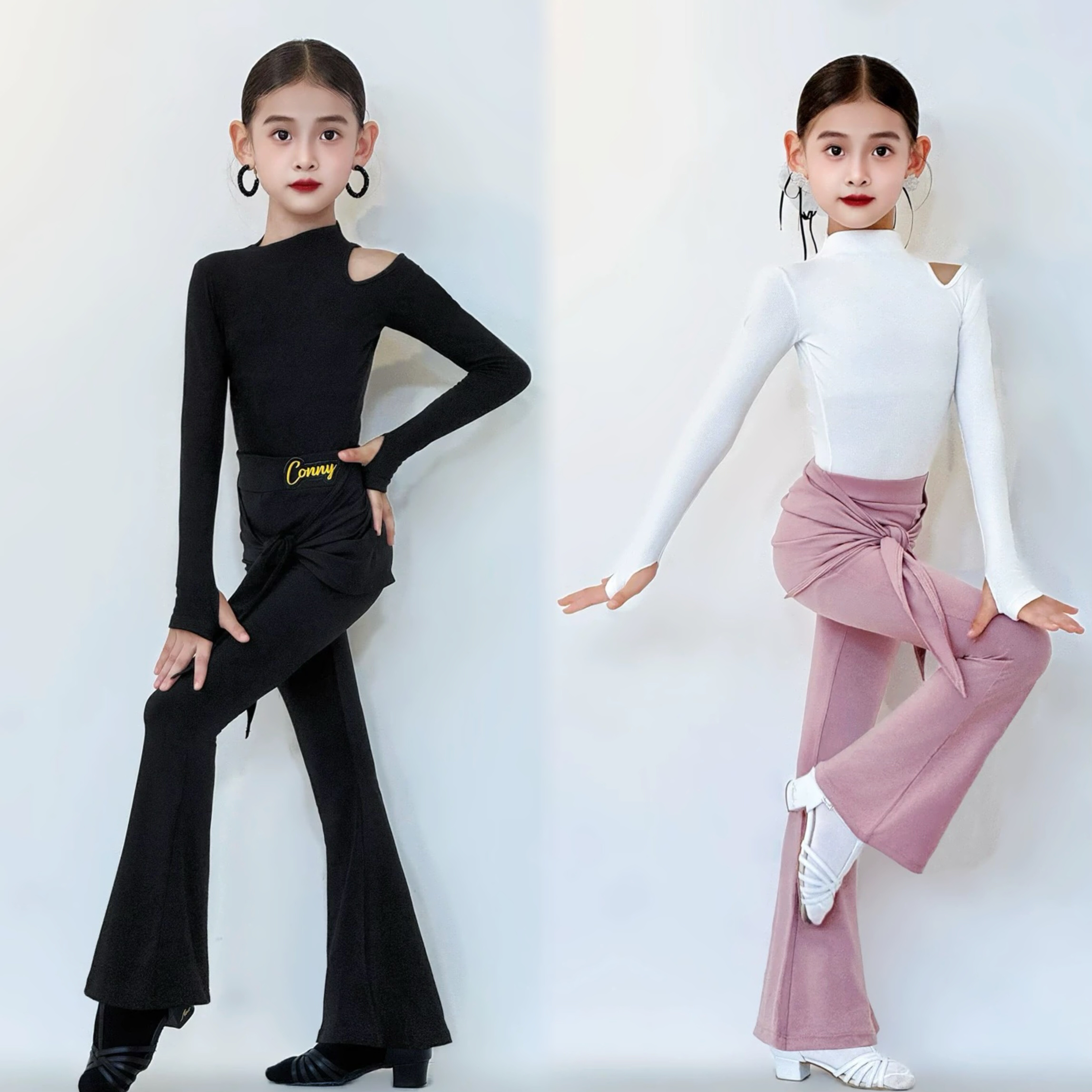 CONNY康尼少儿拉丁舞假两件长裤微喇叭樱花粉露肩长袖上衣练习服