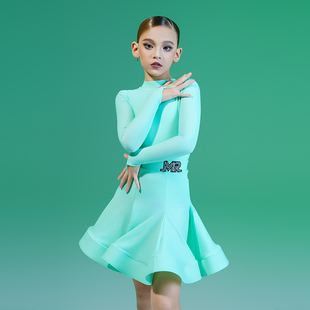 MR舞服少儿拉丁舞FZS旗下品牌规定服女高领长袖哑光赛服薄荷绿