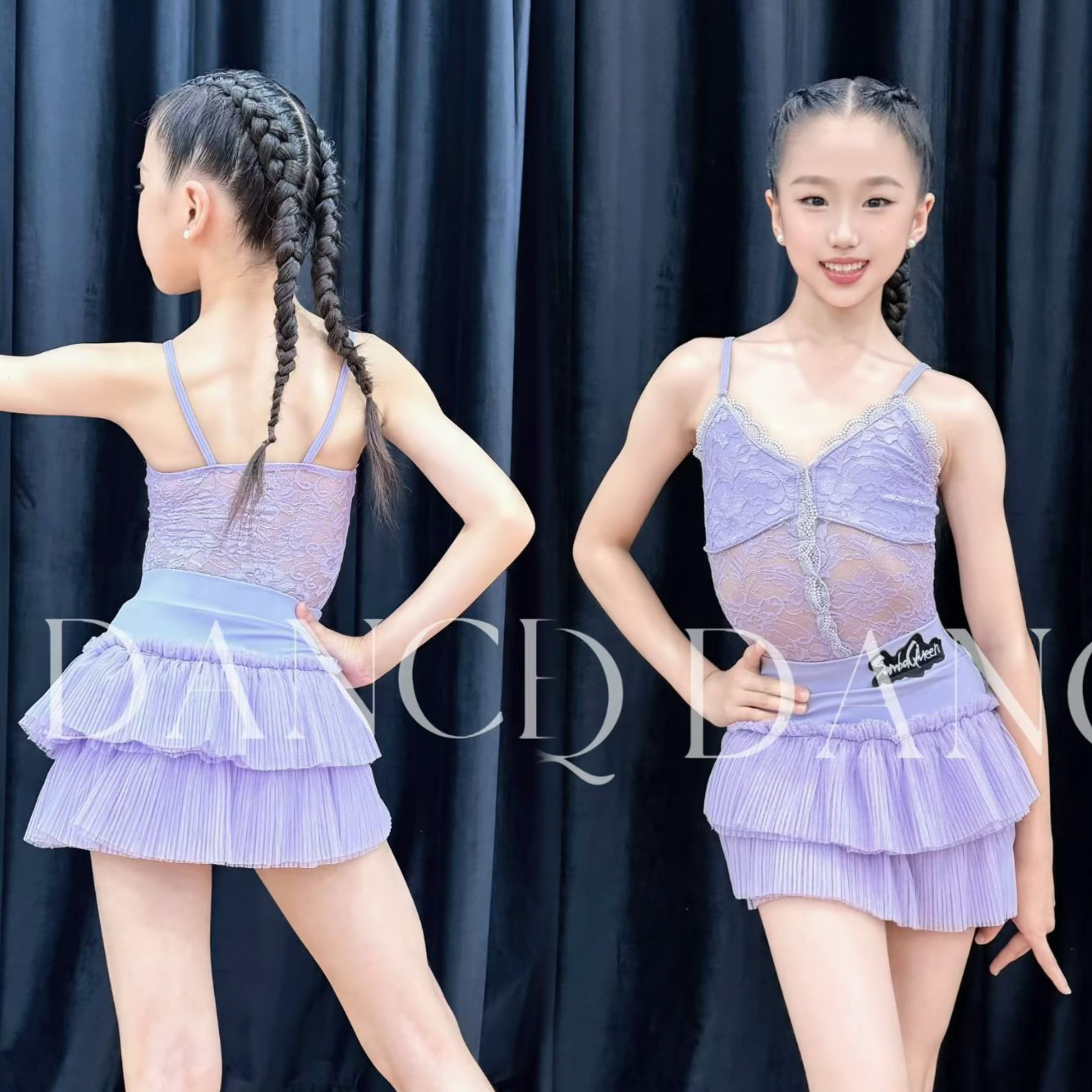 SQ舞服少儿拉丁舞女童紫罗兰儿童蕾丝吊带练功服夏季俏皮蛋糕