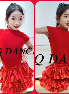 SQ舞服少儿拉丁舞2025春夏新品红色无袖蛋糕裙表演服练习服女童