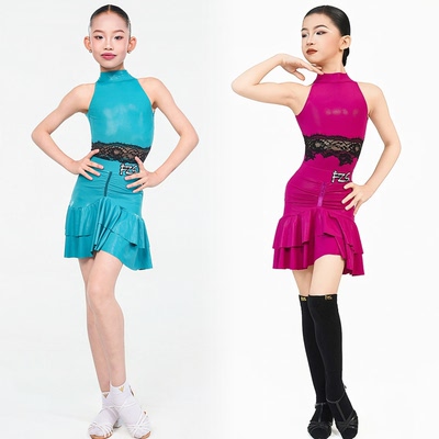 FZS舞服少儿拉丁舞新款2026高光爽肤皮拼接蕾丝无袖练功服套装