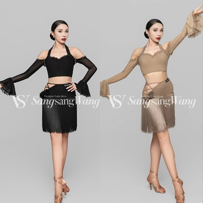 sswang舞服女士拉丁舞秋冬挂脖蕾丝可拆卸喇叭长袖花朵流苏练习服