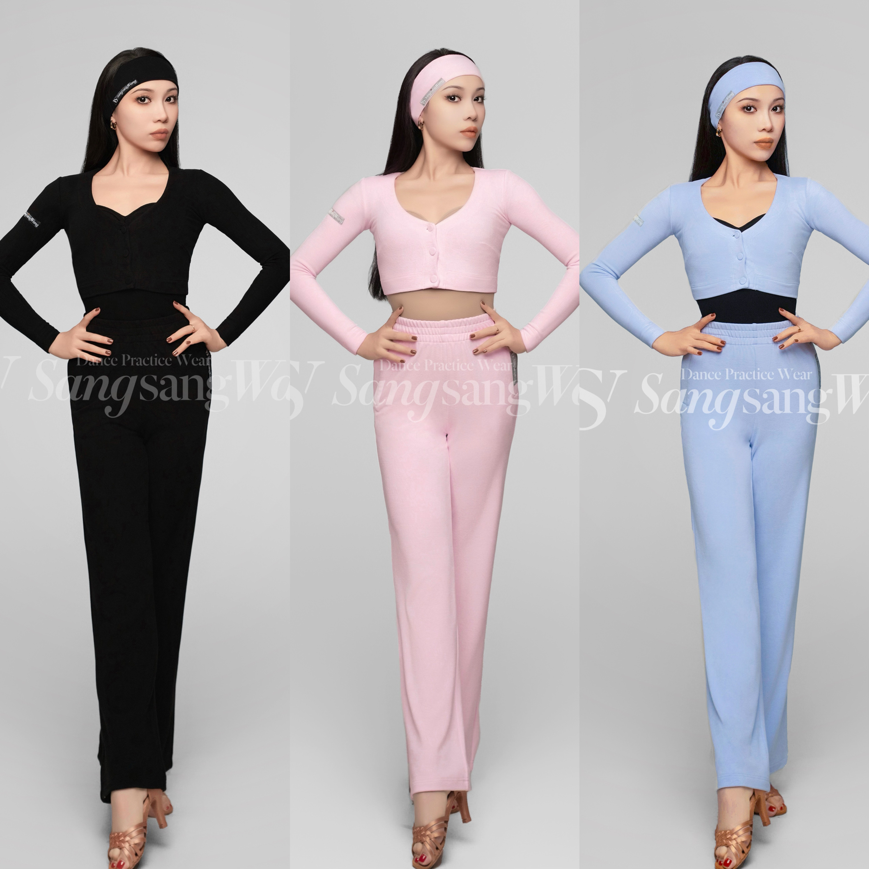 sswang拉丁舞女士秋冬保暖双面绒开衫直筒裤套装练习服外披发带