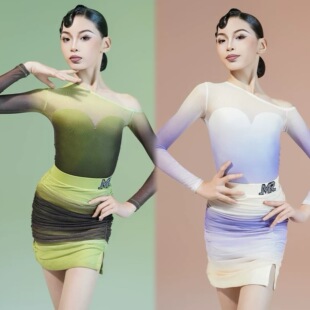 MR舞服FZS旗下秋冬少儿拉丁舞渐变色露肩褶皱分体练习服长袖表演