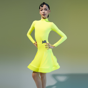 MR舞服FZS少儿拉丁舞半高领长袖欧标哑光比赛服荧光黄规定服鱼骨