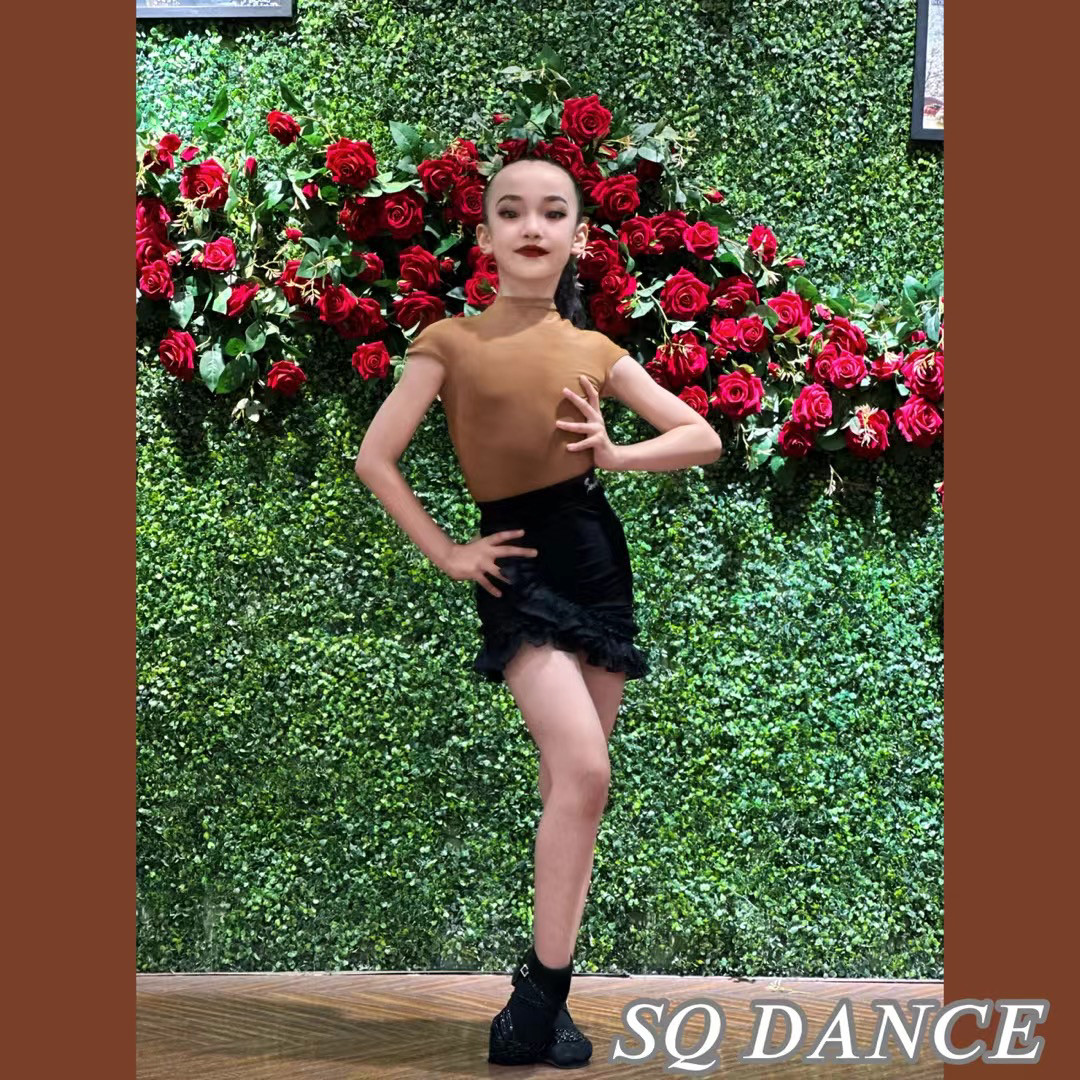 SQ舞服少儿拉丁舞夏季坎袖包臀小套装练习服女童跳舞恰恰咖色
