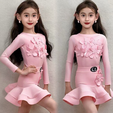 CD卡门少儿拉丁舞2026粉色绽放俏皮花朵鱼骨练习服女童表演服长袖