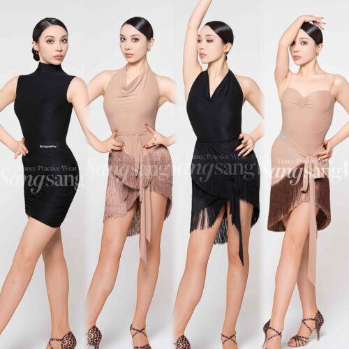 sswang舞服女士拉丁舞桑老师裸感超薄吊带褶皱流苏绑带摩登练习服