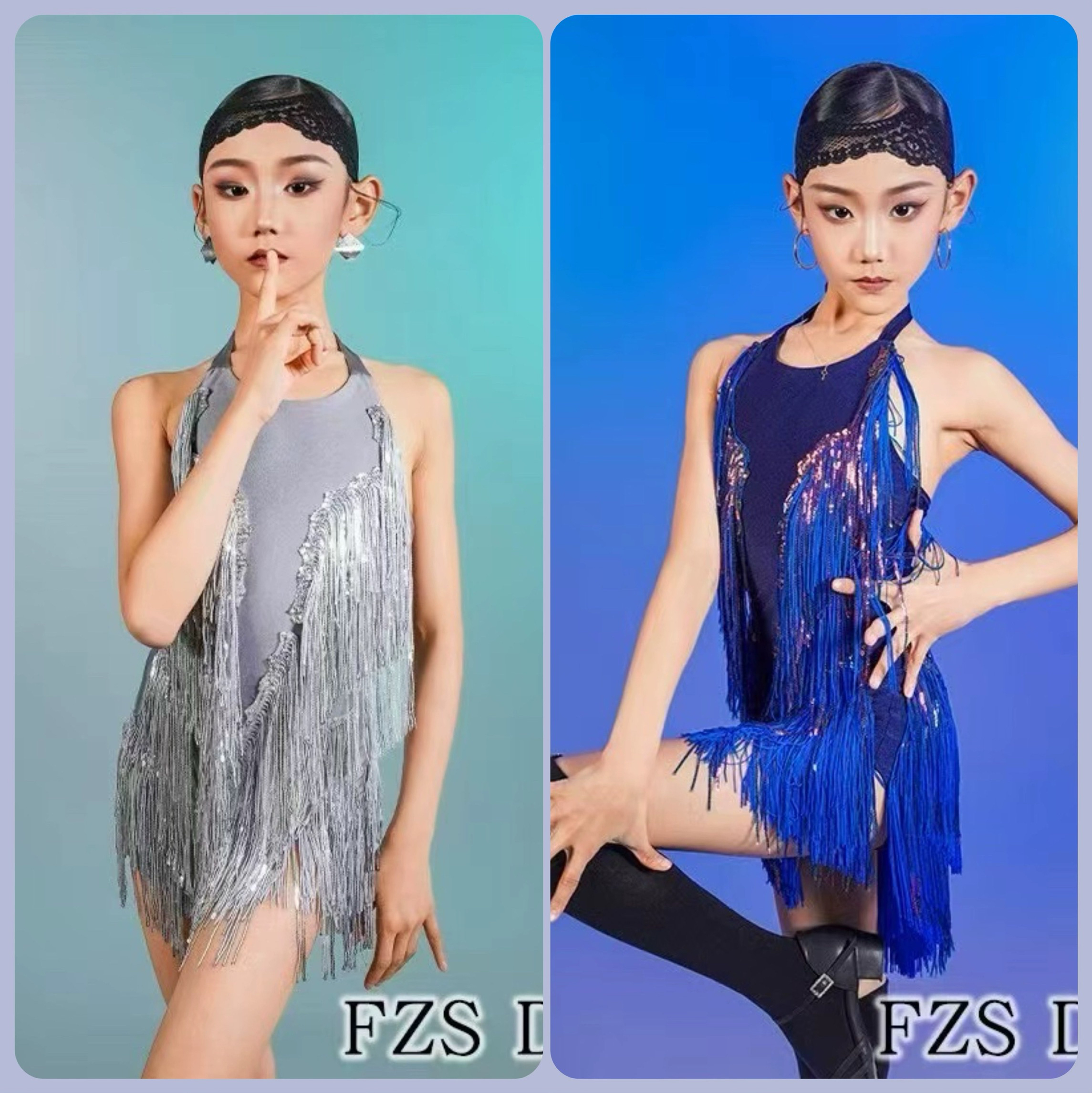 FZS舞服少儿拉丁舞2025早春新款女款挂脖流苏亮片拼接练功服双色