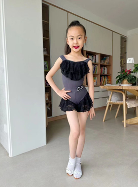 丹斯舞之美少儿拉丁舞夏季吊带女童灰色蕾丝抹胸俏皮练习服定制