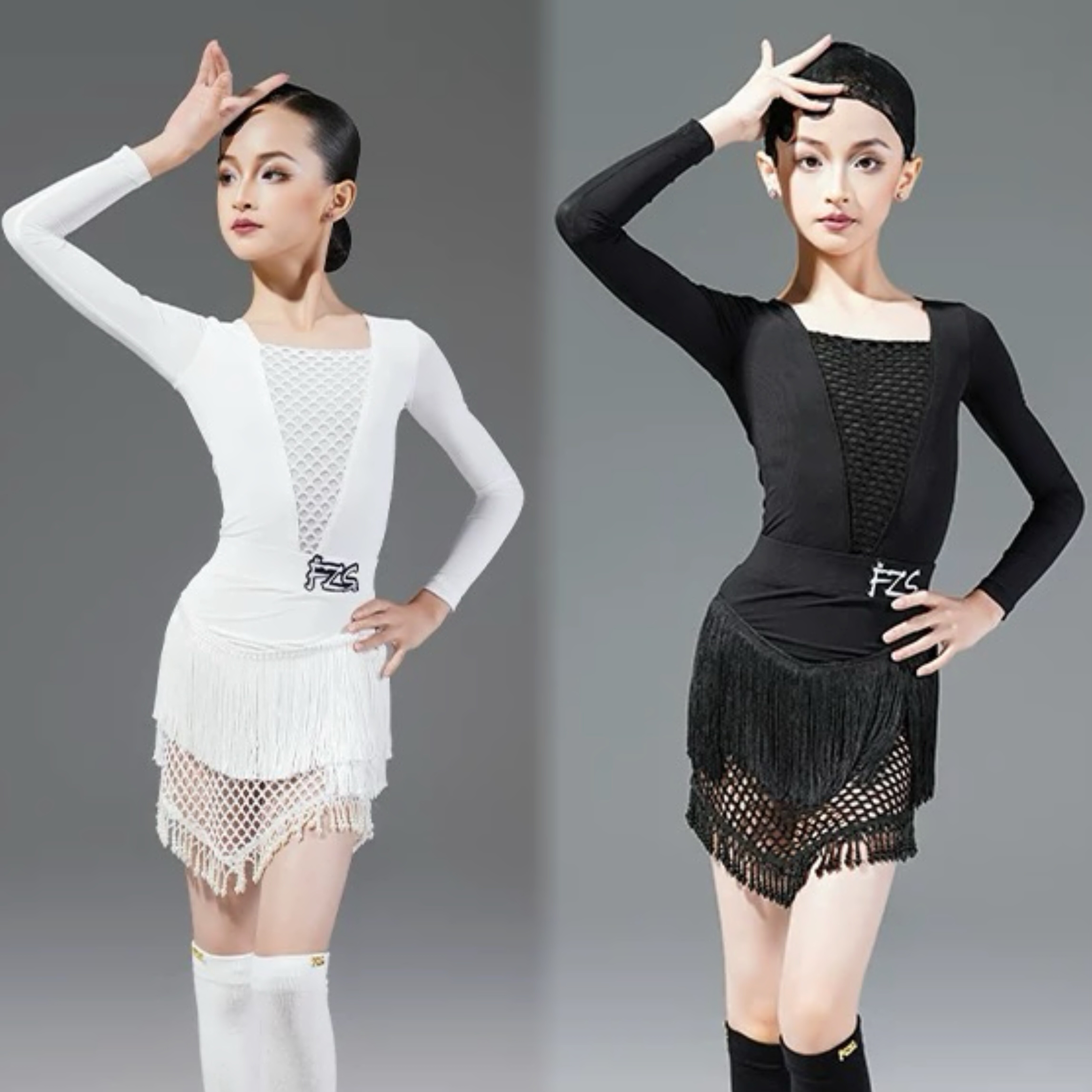 FZS DANCE L315拉丁舞练功服弹力网拼接练功服 串珠流苏半裙 黑