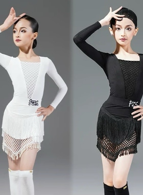 FZS DANCE L315拉丁舞练功服弹力网拼接练功服 串珠流苏半裙 黑