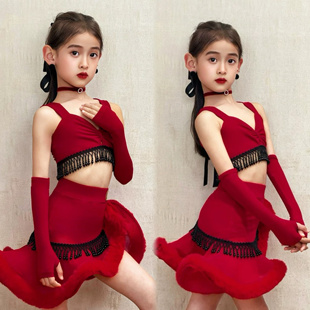 CONNY拉丁舞套装女儿童练功汇演出表演服吊带上衣舞蹈鱼骨裙红色