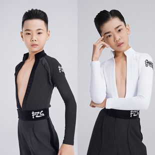 FZS舞服少儿拉丁舞男童帅气大V领流苏拼接上衣网纱练习服长袖跳舞