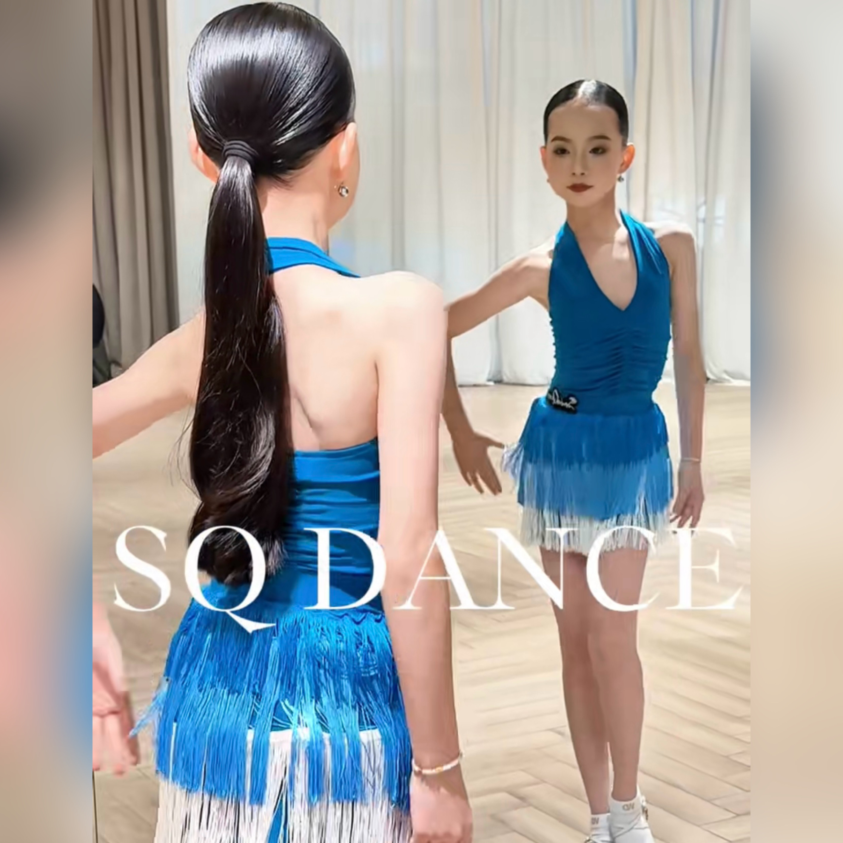 SQ舞服少儿拉丁舞春夏新品挂脖渐变流苏女童跳舞练习服套装班服