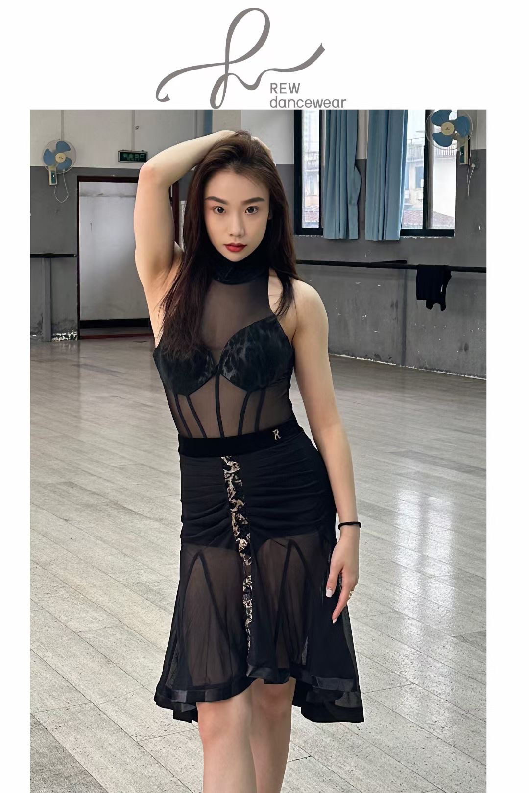 Rew-dancewear舞服拉丁舞女士高级练习服豹纹拼接设计专业练功服