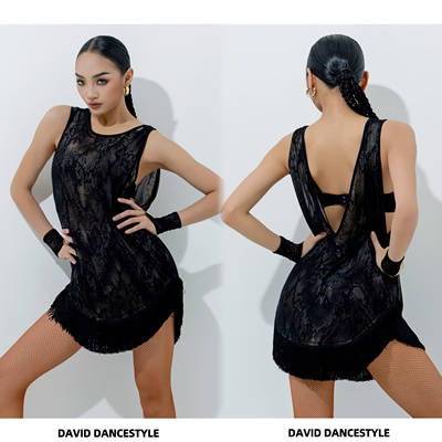 David舞服拉丁舞女士春夏豹纹无袖摆荡连衣裙练习服专业院校班服