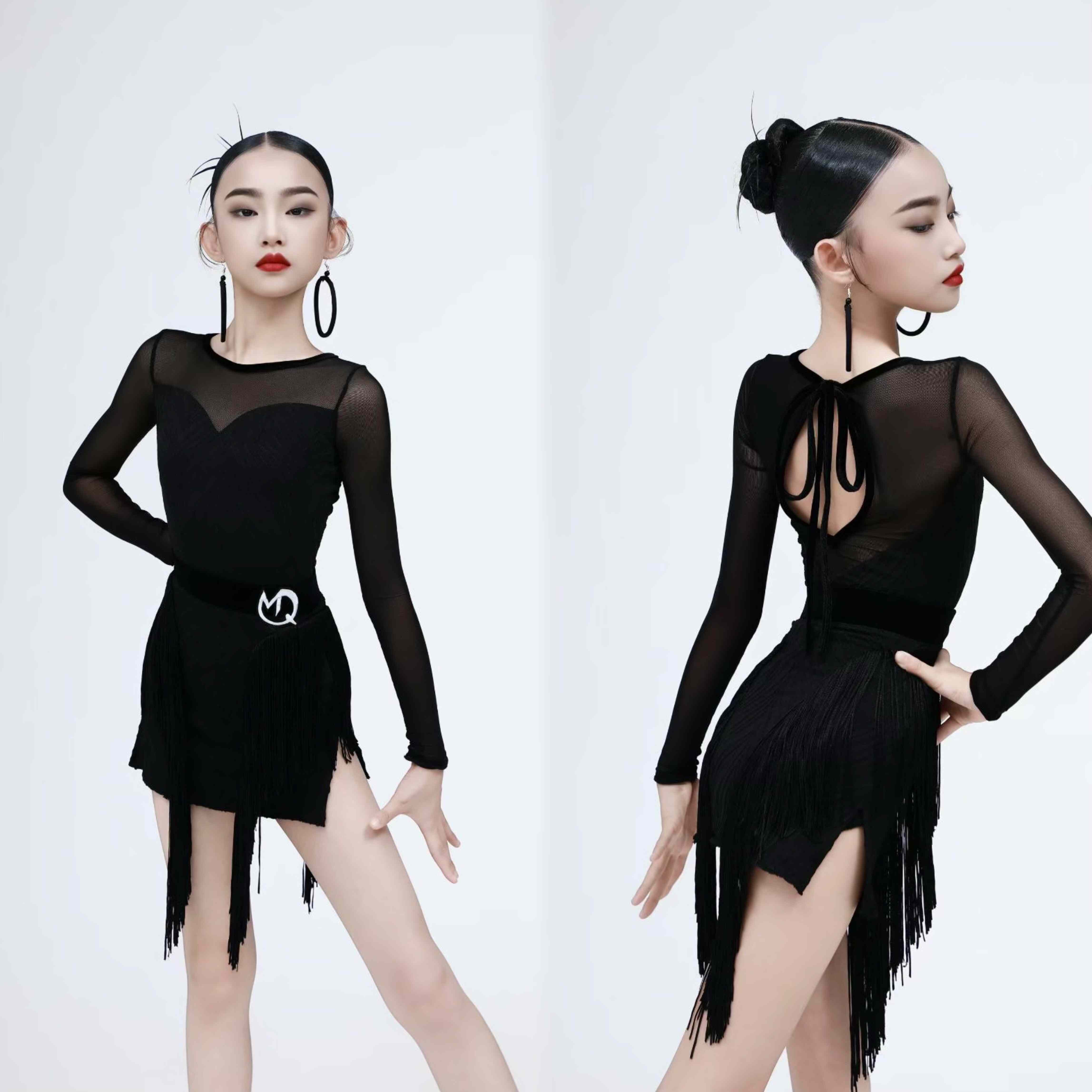 MQ舞服少儿拉丁舞苗子舞服秋冬长袖网纱流苏套装练习服女童跳舞