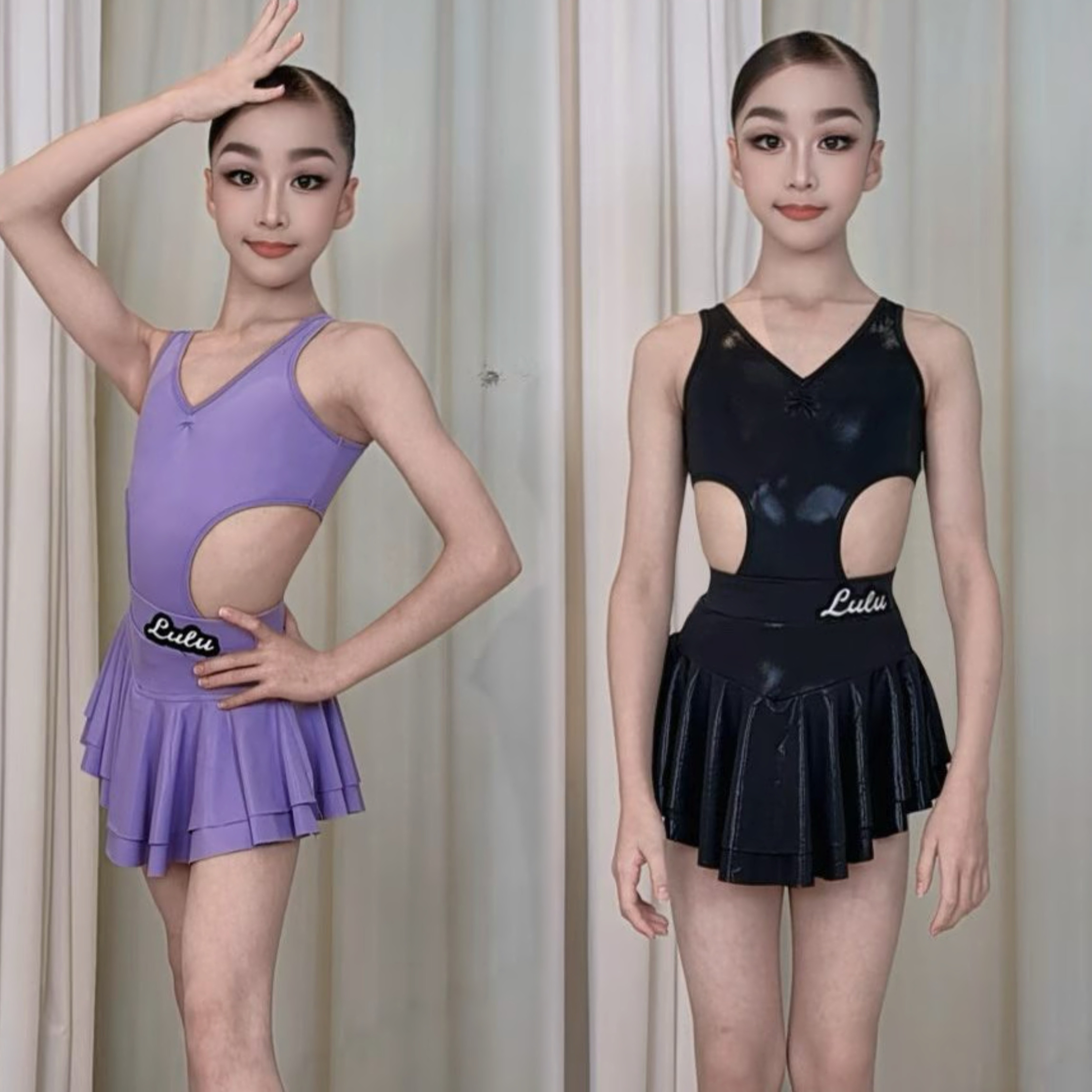 LULU舞服少儿拉丁舞2026夏季露腰吊带分体爽肤高光套装练习服女童