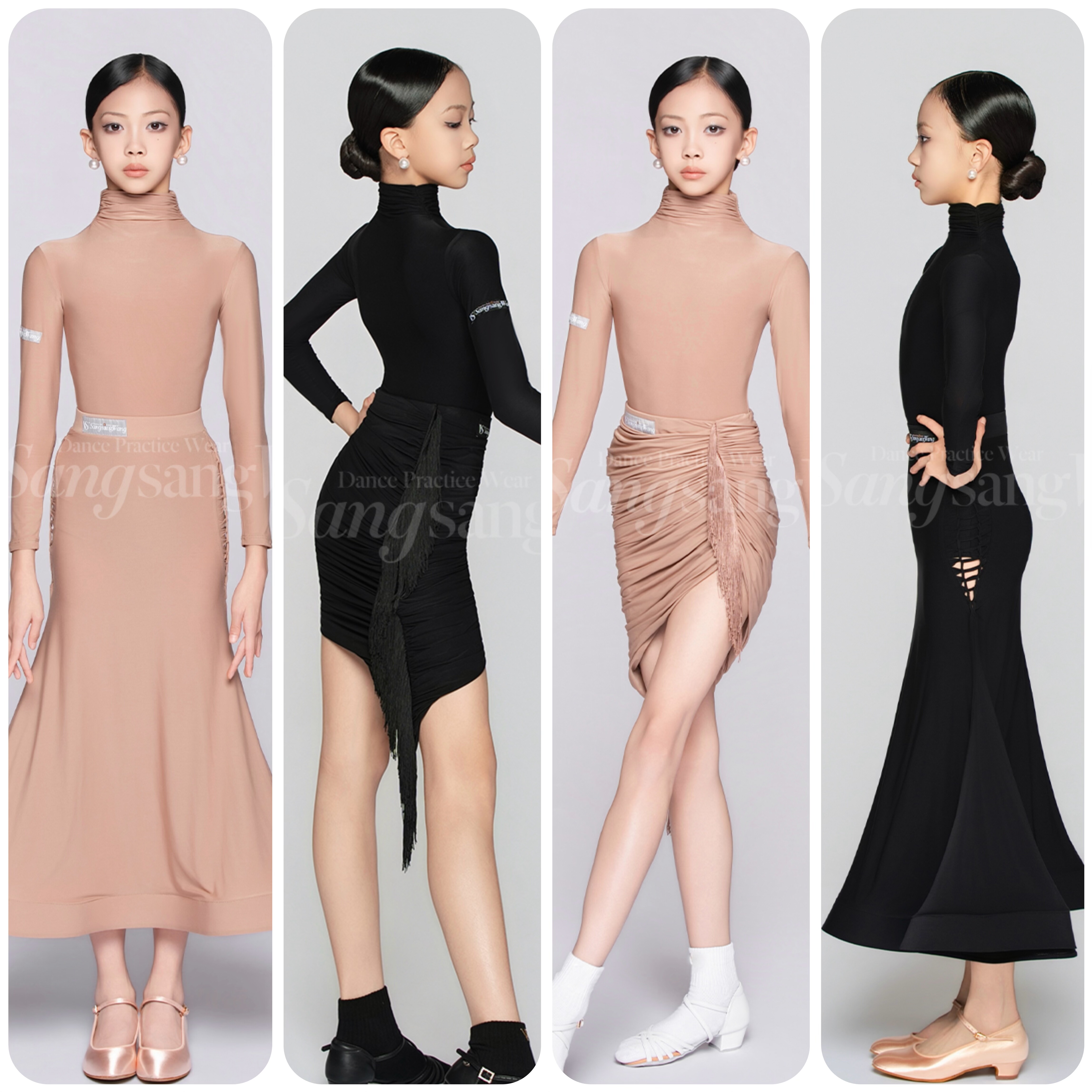 sswang舞服少儿拉丁舞裸感轻薄褶皱高领流苏斜裙练习服摩登长袖