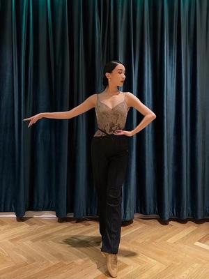 Jacks国标拉丁舞女sswang蕾丝绒吊带斜胯条纹裤胸垫教师裤发带