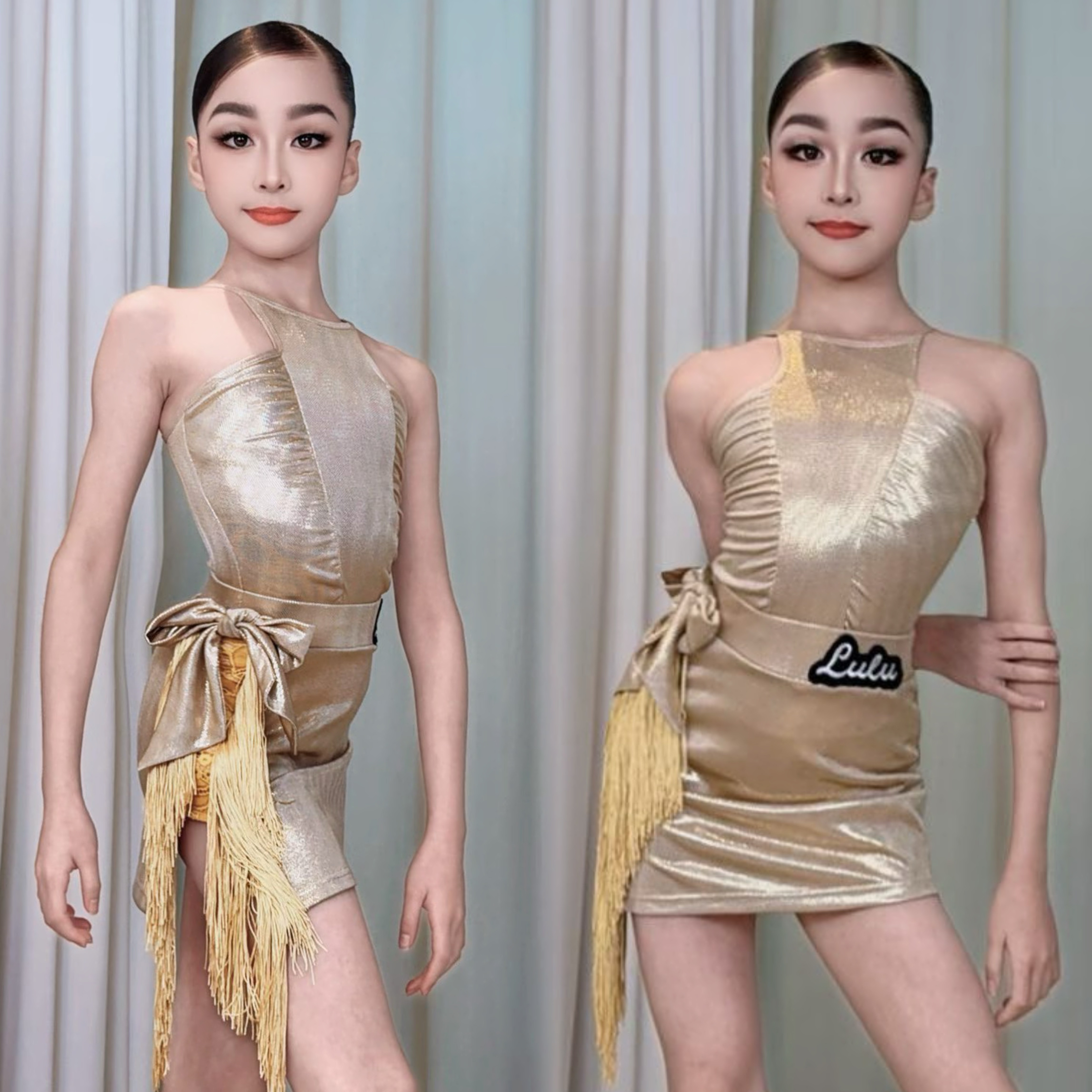 LULU舞服少儿拉丁舞香槟金色流苏裙摆连衣裙套装女童练功服表演服